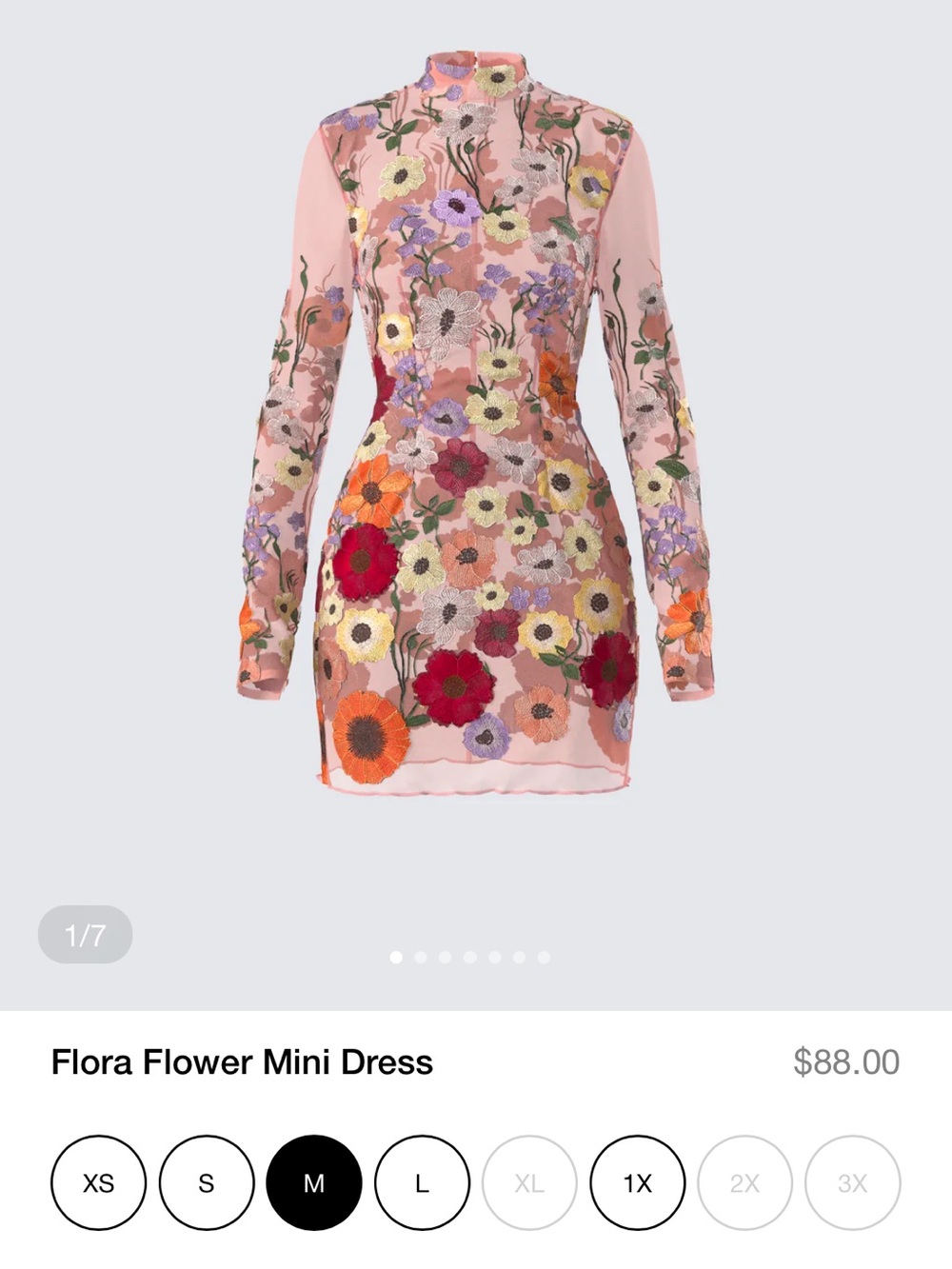 Finesse Sheer Floral Embroidered Long Sleeve Dress in Peach Multi